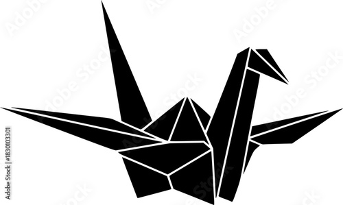 Elegant Origami Bird Geometric Paper Crane Design, Simple Black Silhouette, Vector Illustration
