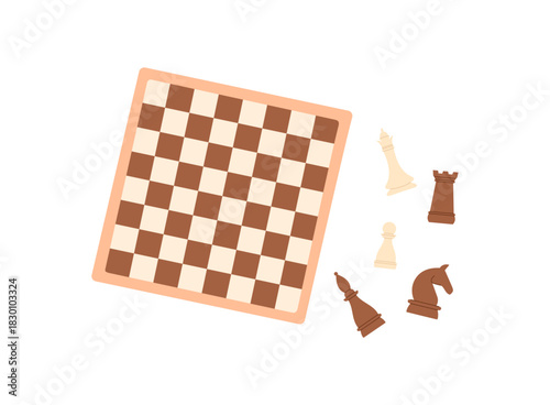 Flat chessboard with strategy pieces and pawns. Classic boardgame hobby with wooden chess pieces and black white design. Table game promoting strategy play, ideal for skill development recreation in