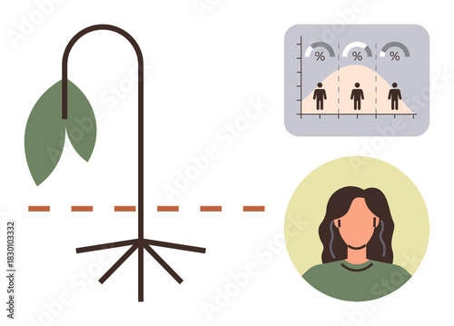 Drooping plant symbolizing decline paired with graph showing population statistics and person portrait. Ideal for sustainability, depletion, failure, growth analysis, environment, demographics