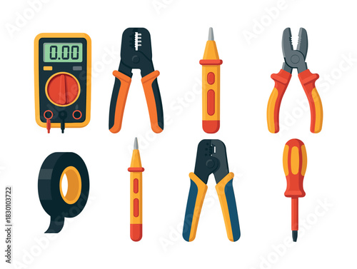 Electrical tools set, flat vector illustration, multimeter, pliers, screwdriver