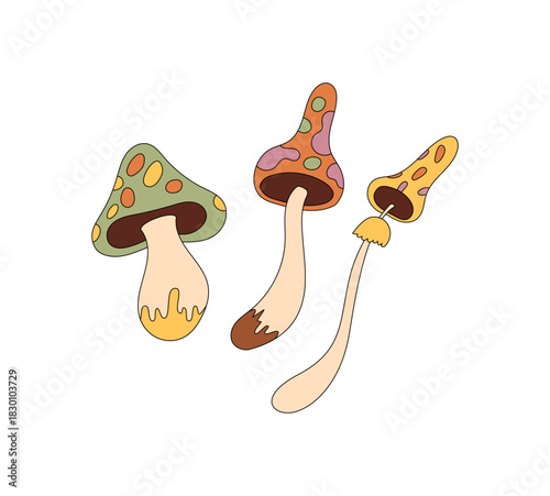 Groovy retro cartoon mushroom sticker with psychedelic and funky y2k style. Trippy shroom character as a colorful groovy element, bright for playful or pop art design projects.