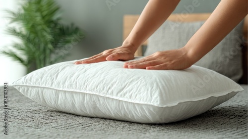 A person's hands press a soft, clean white pillow, ensuring comfort for sleep