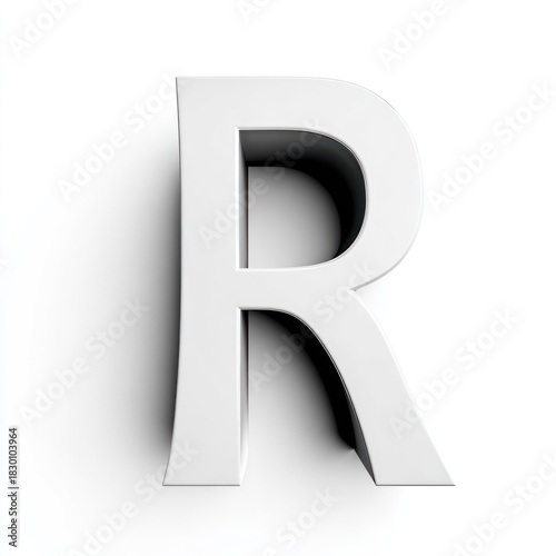 A prominent 3D white capital letter R with subtle shadow on a pure white background