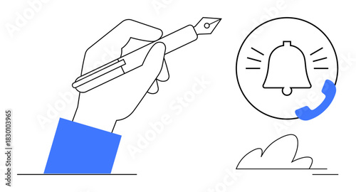 Hand holding a fountain pen facing a ringing notification bell with a call icon, signifying communication, alerts, and active engagement. Ideal for productivity, creativity, reminders, notifications