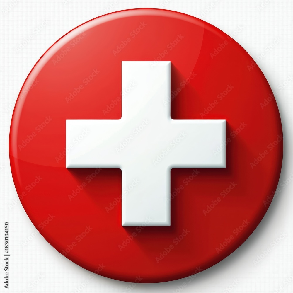 Obraz premium Red circle shows a white cross. Sign represents medical services healthcare. It is a symbol of health treatment aid emergency. First aid logo for pharmacy web or doctor app.