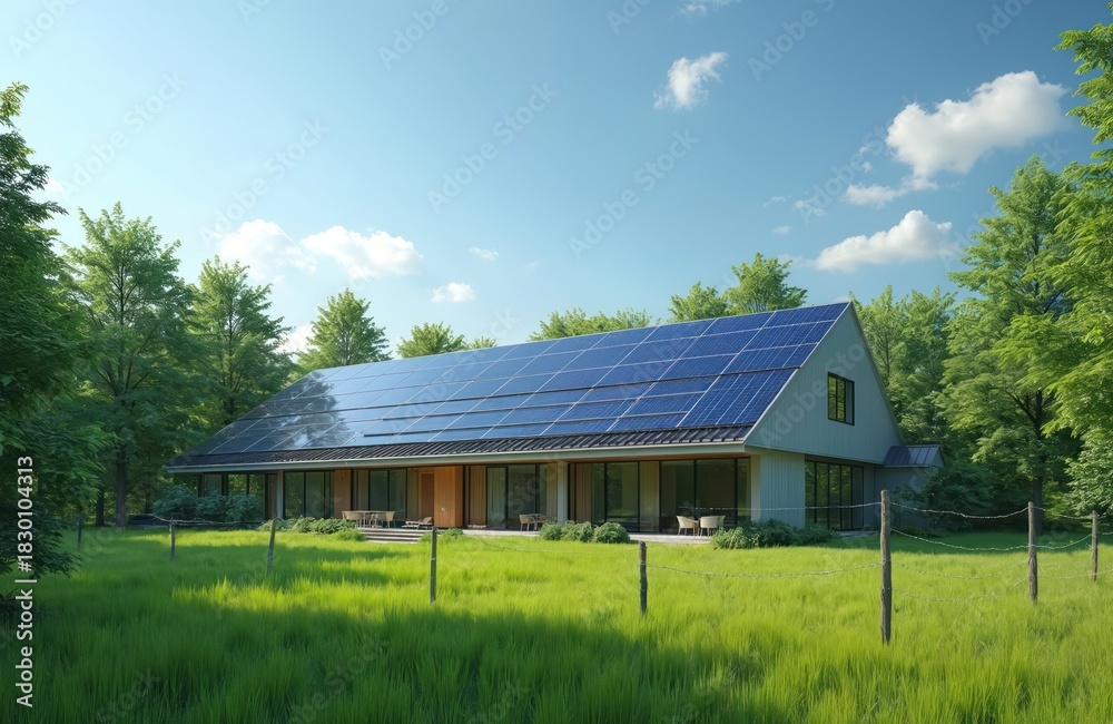 Fototapeta premium Modern house with expansive solar panels on roof, surrounded by lush green trees and grass field. Large windows show seating area, reflecting clear blue sky and clouds. Sustainable living in nature.