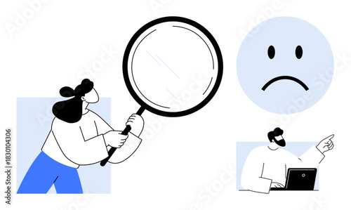 Digital challenges concept. Digital challenges ed with a woman using a magnifying glass, a sad face, and an office worker on a laptop. Digital challenges impacting transparency, productivity