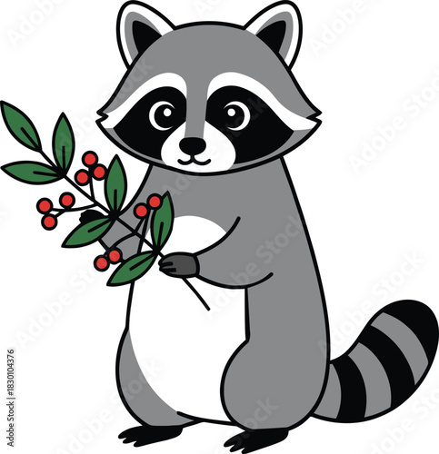 Cartoon raccoon holding a branch with red berries and green leaves Keywords: raccoon, cute, cartoon