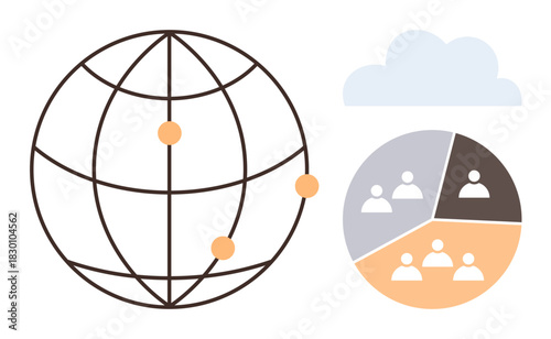 Globe with points indicating connections, segmented chart of teams, and a cloud. Ideal for teamwork, global reach, data sharing, cloud computing, collaboration, digital communication simple flat