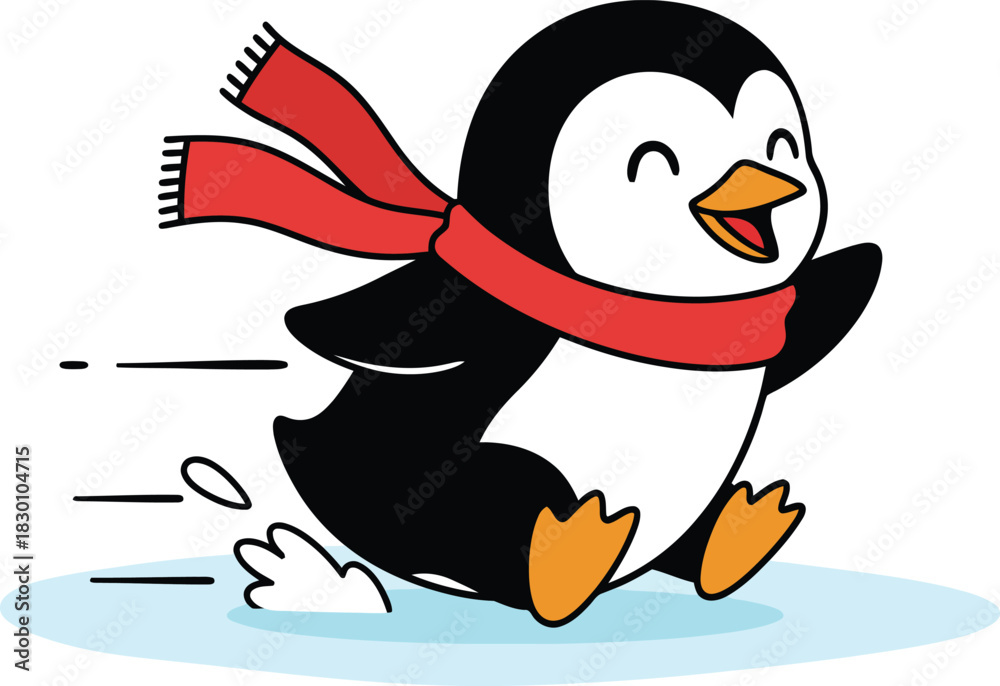 Obraz premium Happy Penguin Wearing a Red Scarf Running on Ice snow