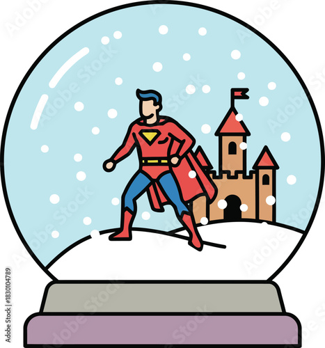 Superhero in Snow Globe with Castle and Falling Snow Keywords: superhero, snow globe, castle, winter