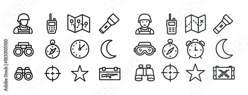 Monochrome military icons collection with soldiers, equipment, and navigation tools