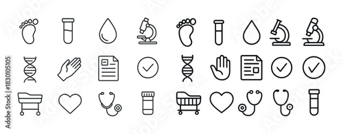 Collection of medical and scientific icons including microscope, dna, and stethoscope