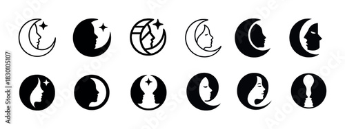 Collection of abstract moon and face silhouettes in black and white