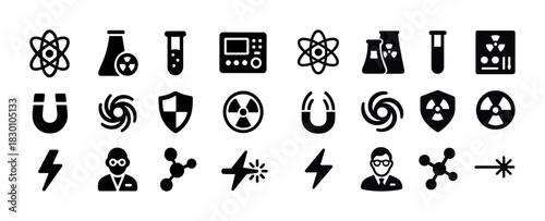 Science icons set: atoms, lab equipment, radiation, magnet, molecules