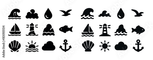 Set of nautical and beach icons with waves, boats, lighthouses, anchors, shells, and birds