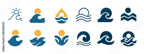 Collection of abstract wave and sun icons in blue and yellow design