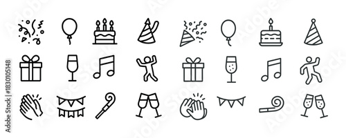 Celebration icons: party, music, gifts, balloons, drinks, cake, dance