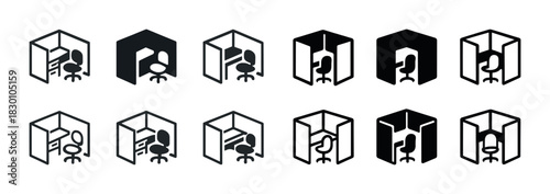 Set of twelve office cubicle icons in black and white variations