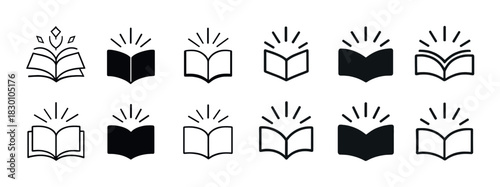 Twelve minimalist open book icons illustrating knowledge and learning concepts
