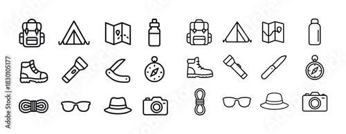 Camping and hiking outline icons collection: backpack, tent, compass, camera