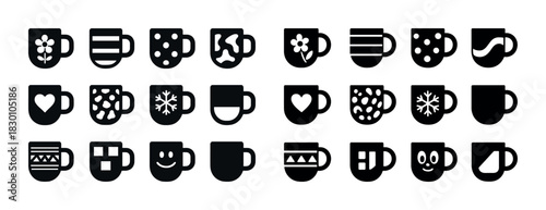 Collection of decorative cup icons with various patterns and shapes