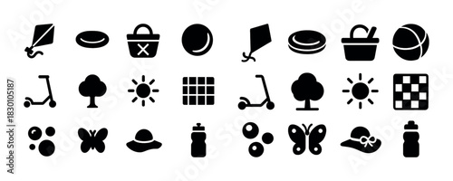 Collection of outdoor recreation icons: kites, bicycles, trees, and more