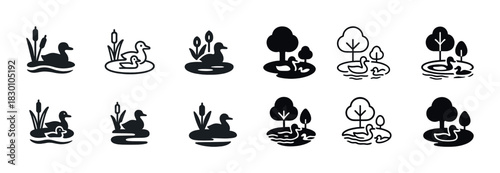 Silhouette icons of ducks and nature elements in various styles