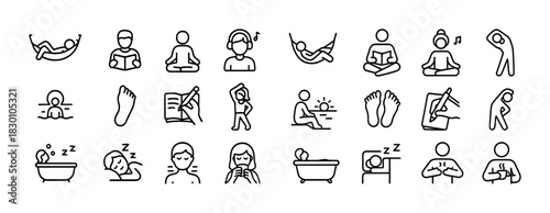 Relaxation and wellness icons including yoga, meditation, music, bathing, and reading activities