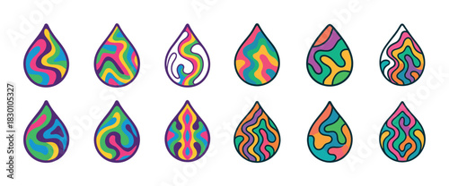Colorful abstract patterns in teardrop shapes