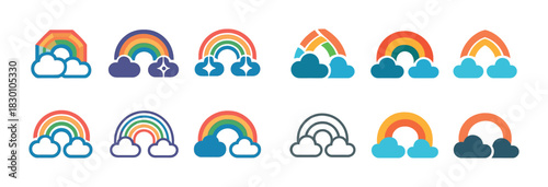 Colorful rainbow and cloud icon set with various styles and designs