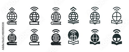 Global education icons: book, globe, wi-fi, connectivity, learning symbols