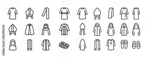 Outline icons of various priest clothing styles on white background