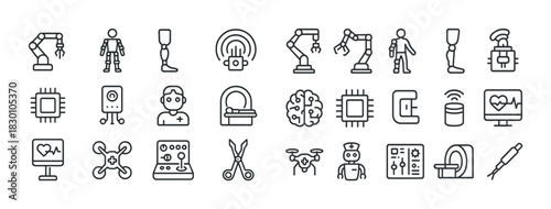 Futuristic technology icons: robotics, ai, medical devices, drones, and automation symbols collection