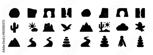 Set of minimalist desert icon silhouettes featuring cactus sun and mountains