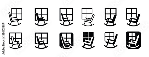 Collection of rocking chair and window icons in black and white
