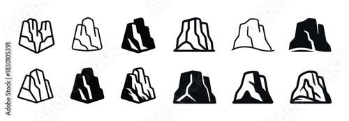 Stylized rock formations icon set in black and white