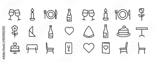 Outline icons: wine, dining, love, flowers, cake, decor