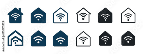 Set of smart home icons featuring wi-fi symbols in various house designs