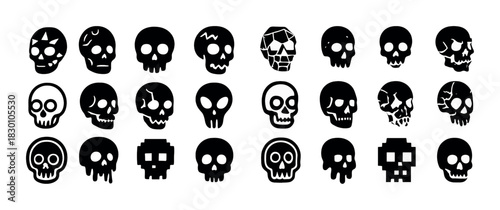 Variety of artistic skull icons in unique black designs on white background