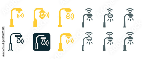 Smart street light icons: yellow and black, wi-fi connectivity symbols