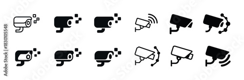 Set of security camera icons: digital monitoring and surveillance symbols