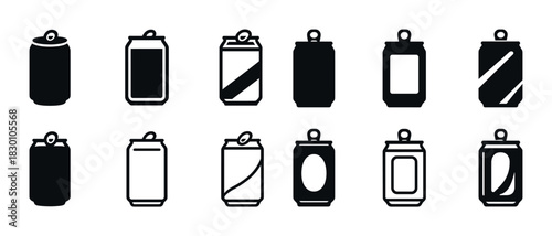 Set of twelve black and white drink can icons with various designs