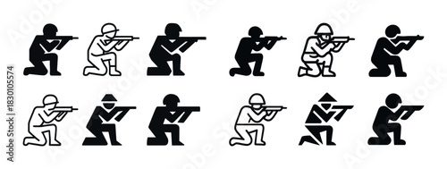 Silhouette icons of soldiers in various shooting positions