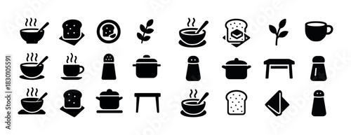 Collection of soup, bread, and kitchen icons in simple black silhouette design