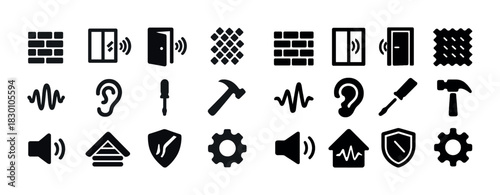 Soundproofing icons: walls, doors, sound waves, tools, shields, gears