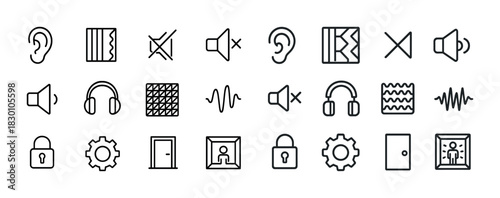 Audio icons: ears, headphones, speakers, acoustic panels, locks, and gears