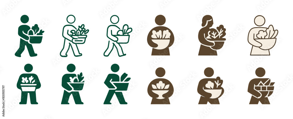 Obraz premium Diverse icons of individuals carrying vegetable baskets