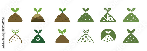 Set of twelve flat sprouting plant icons in various soil designs