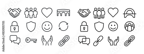 Collection of minimalist line icons including heart lock key shield
